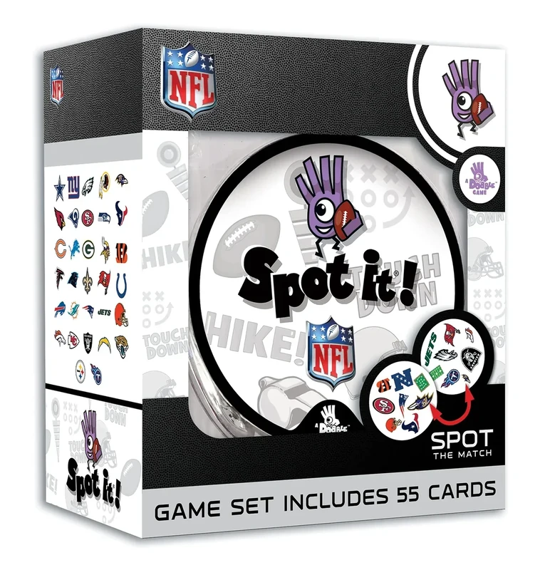 Spot It! NFL Edition Card Game – Fast-Paced Matching Game Featuring Official NFL Team Logos & Football Symbols – 55 Cards with 5 Mini Games – Family Party & Travel Game for Kids & Adults