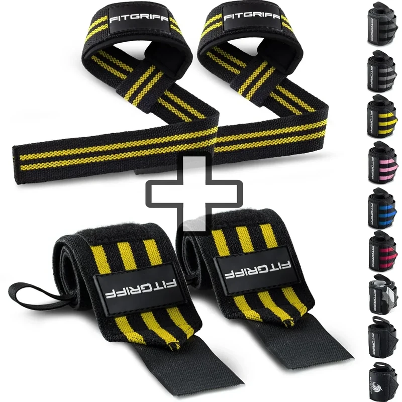 Fitgriff® Lifting Straps & Wrist Wraps (Bundle) Superior Support for Weightlifting & Gym Workouts - for Men and Women (Black/Yellow)