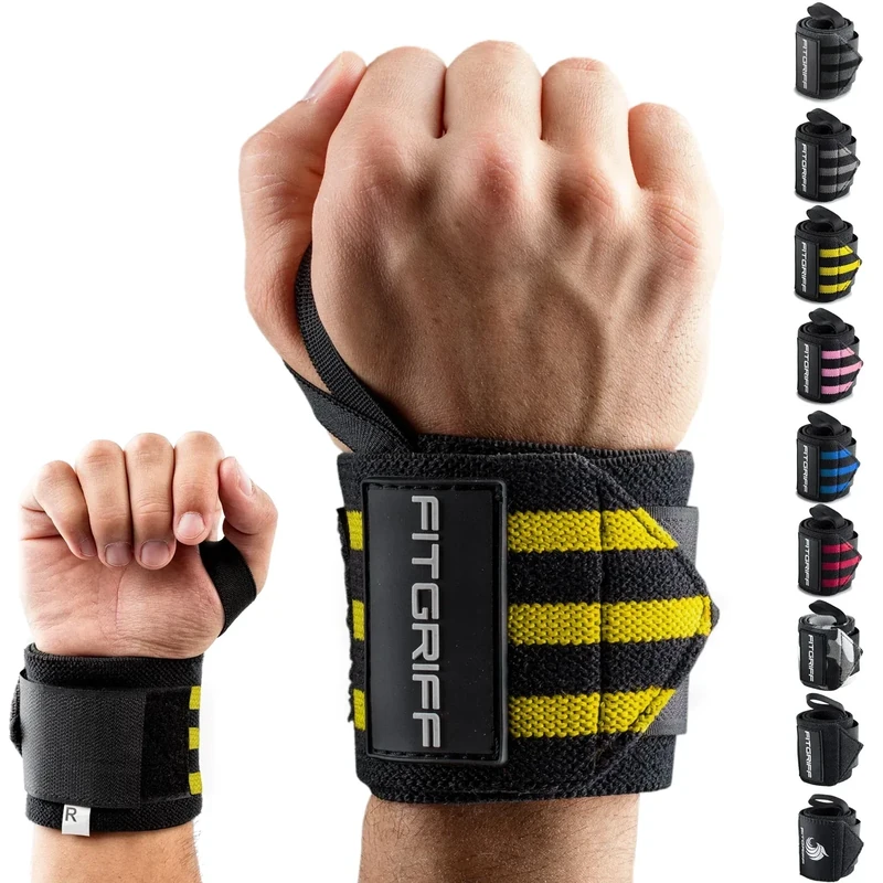 Fitgriff® Wrist Wraps for Weightlifting (18") Heavy-Duty Support for Gym, Bench Press, and Pushups (1 Pair) - for Men and Women (Black/Yellow)