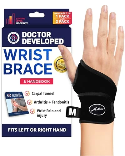 Doctor Developed Wrist Brace, Wrist Wraps for Carpal Tunnel Arthritis, Tendonitis, Hand Support, Ideal for Fitness, Weightlifting - Handbook Included (Wrist Brace 1 Pack)