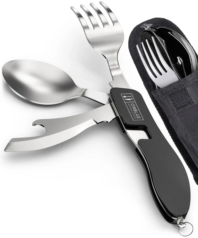 Orblue 4-in-1 Camping Eating Utensils, 2-Pack - Portable Spoon, Fork, Knife & Bottle Opener Combo Set - Stainless Steel Flatware with Detachable Fork - Travel, Backpacking Cutlery Multitool, Black
