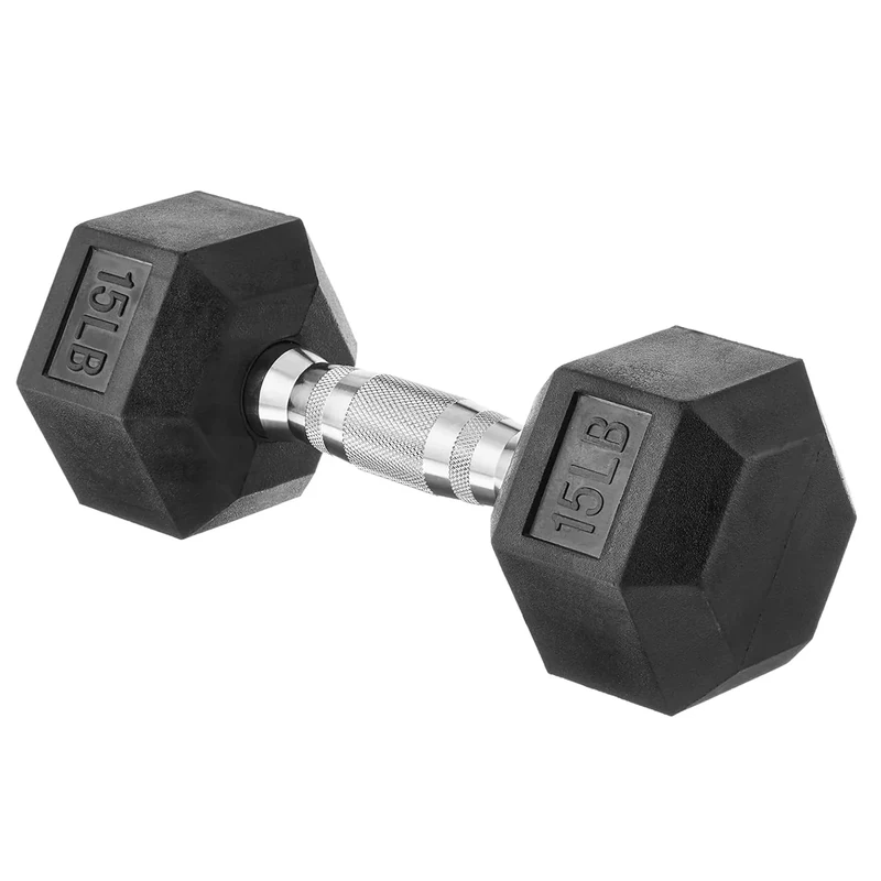 Amazon Basics Rubber Hex Dumbbell Hand Weight with Comfortable Grip for Home and Gym, 15 Pounds, Single