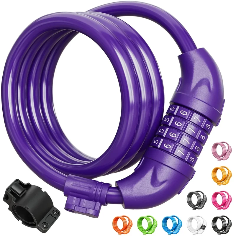Titanker Bike Lock, 4 Feet Security Resettable Combination Coiling Bike Cable Locks with Mounting Bracket, 1/2 Inch Diameter (Purple)