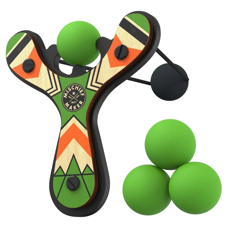 Mighty Fun! - Mischief Maker® Wooden Slingshot - Classic Series - Real Wood Slingshot for Kids, 4 Soft Foam Balls and Storage Bag - Ages 4+ (Green)