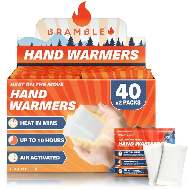 Bramble 40 Pack Hand Warmers Disposable Bulk (40 Pairs) Up to 10 Hours of Heat for Cold Weather, Ski, Camping & Outdoor Activities | Air Activated Instant Heat Packs for Body, Feet, Adult & Kids