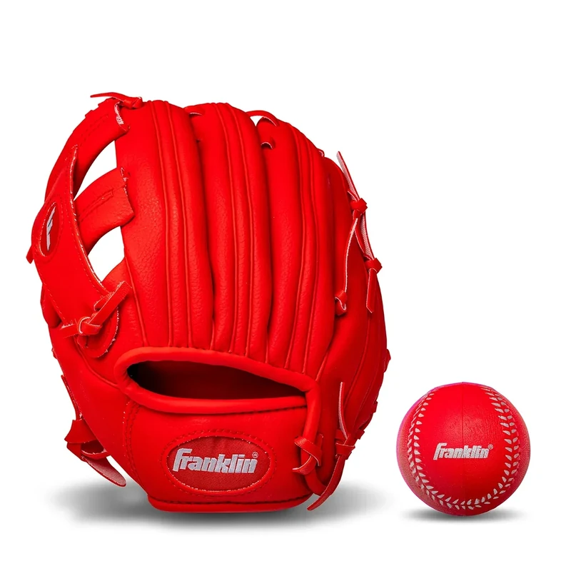 Franklin Sports Teeball Glove - RTP Fielding Glove - Synthetic Leather Baseball Mitt - Ready to Play (RTP) - 9.5 Inch Left Hand Throw - Red with Ball