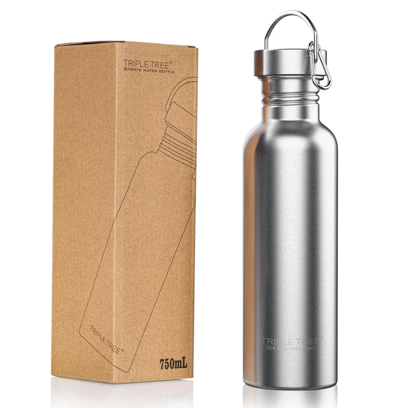 TRIPLE TREE 26 OZ Uninsulated Single Walled Stainless Steel Sports Water Bottle 18/8 Food Grade for Cyclists, Runners, Hikers, Beach Goers, Picnics, Camping - BPA Free