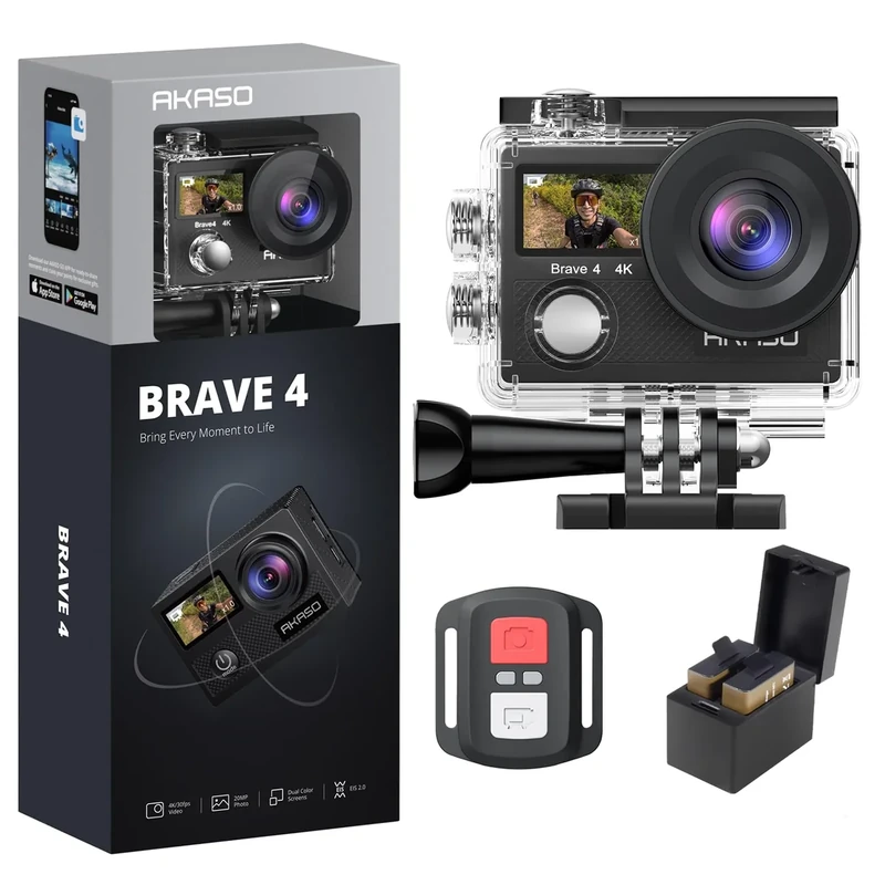 AKASO Brave 4 4K30fps Camera - 20MP, Waterproof 131ft, WiFi, 2 Batteries
