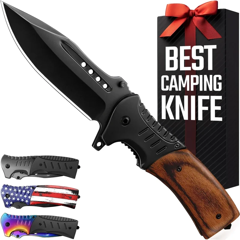 Pocket Knife for Men with Wood Handle & Glass Breaker & Pocket Clip - 3.66" Sharp Blade - Tactical Self Defense Folding Knives for Men Women Hunting Camping Military Survival Hiking Work EDC 0207
