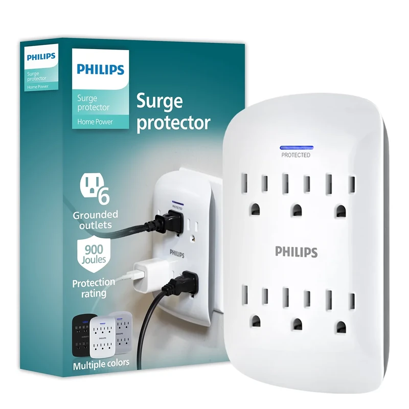 Philips 6-Outlet Surge Protector - 900J, Space Saving Wall Tap