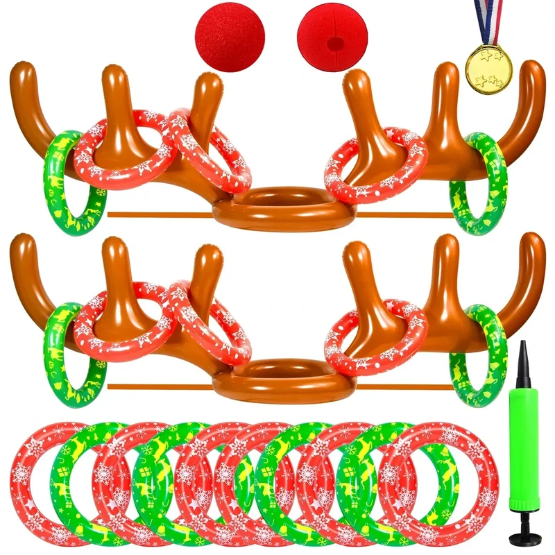 Hapdoop 2-4 Players Inflatable Reindeer Antler Ring Toss Game for Christmas Party - Game Rules Included (2 Antlers 10 Rings)