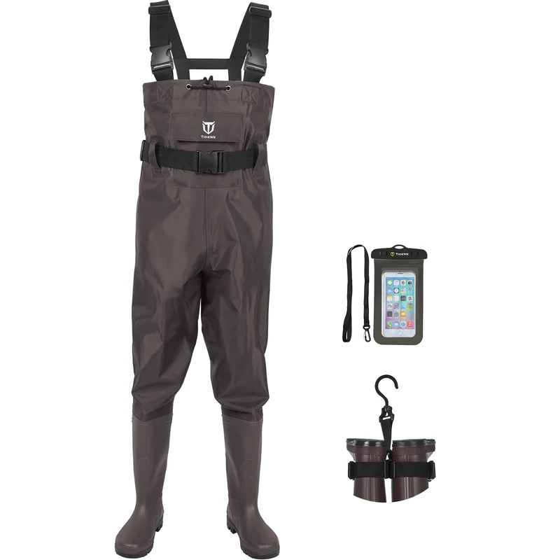 TIDEWE Bootfoot Chest Wader, 2-Ply Nylon/PVC Waterproof Fishing & Hunting Waders with Boot Hanger for Men and Women Brown Size 11