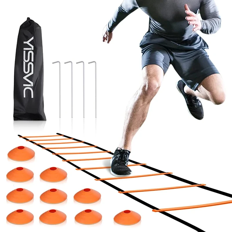 YISSVIC Agility Ladder and Cones 20 Feet 12 Adjustable Rungs Fitness Speed Training Equipment,1 Carry Bags, 10 Cones, 4 Stakes, Basketball, Soccer (20 feet Orange)