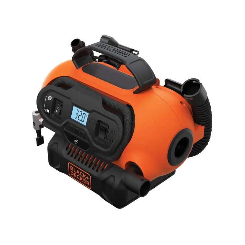 BLACK+DECKER BDCINF18N-QS Gonfleur-Compresseur filaire ou sans fil - Batterie 18 V / Calbe 220 V / Allume-cigare 12 V - 11 bars / 160 PSI - Fourni avec 3 aiguilles et embouts, Orange - Image 1