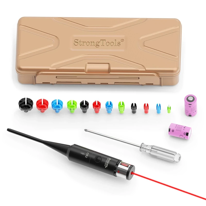 StrongTools Red BoreSighter 177 to 12GA Caliber Rifle Scope Handgun Hunting Red Dot Boresight Kit Press Switch Bore Sight 800mAh Battery