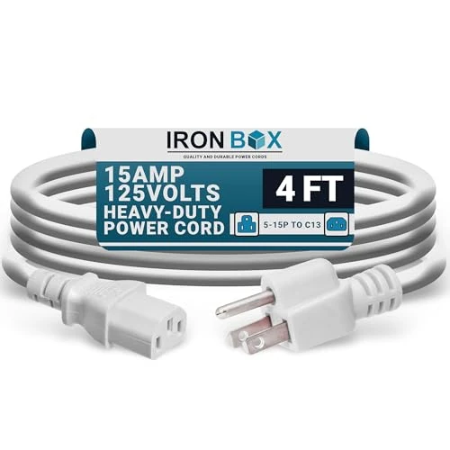 IronBox Electric - Heavy-Duty 5-15P to C13 Power Cord - 3 Prong 15A 125V 14/3 SJT PC Cable - Cord for Computer, Monitor, Subwoofer, Amplifier - Cable for Power Supply - (White 4 Foot)