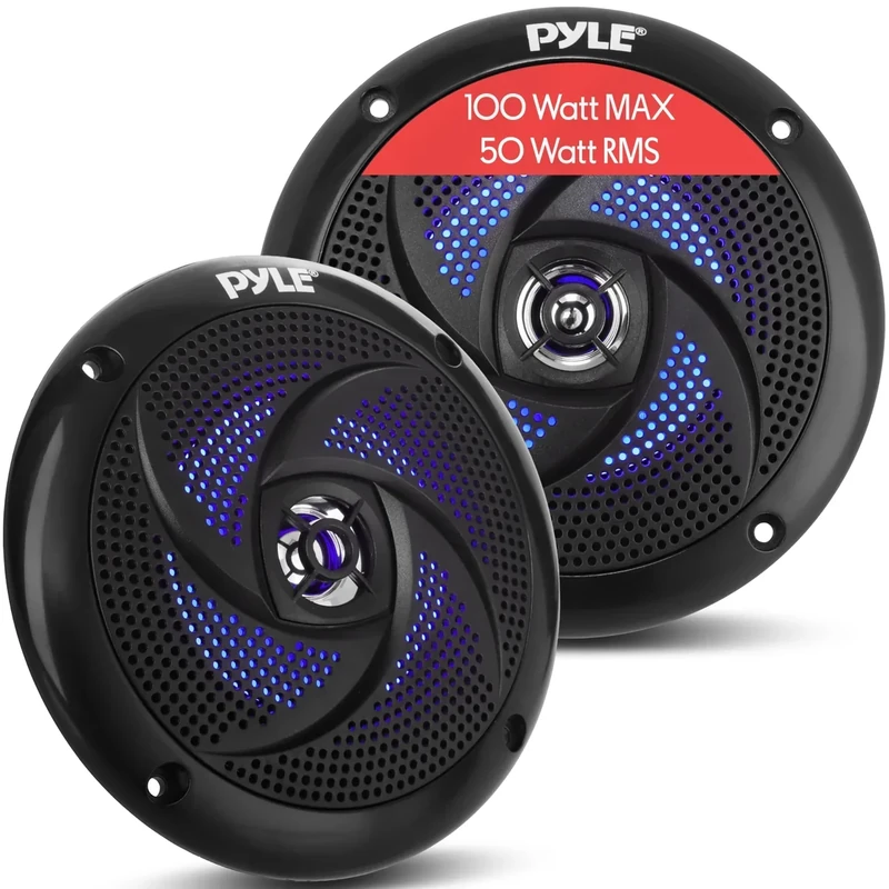 Pyle Waterproof Rated Marine Speakers - 4'' 2 Way Off-Road Vehicles & Weather Resistant Outdoor Audio Stereo Sound System w/ LED Lights, 100W Power, & Low Profile Slim Style, Pair, Black