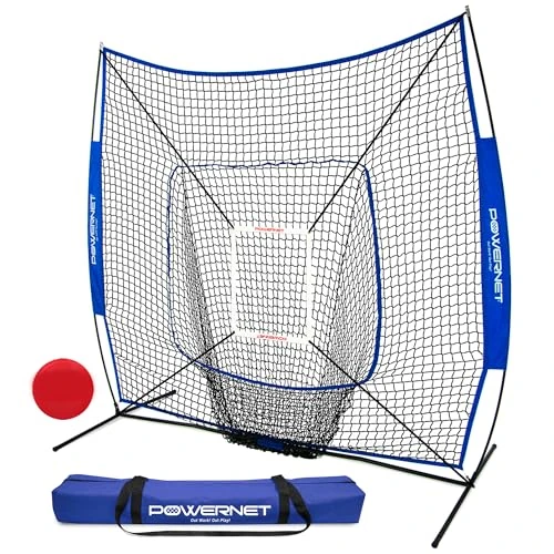 PowerNet DLX 7x7 Baseball Softball Hitting Net + Weighted Heavy Ball + Strike Zone Bundle |Training Set | Practice Equipment Batting Soft Toss Pitching | Team Color | Portable Backstop (Royal Blue)