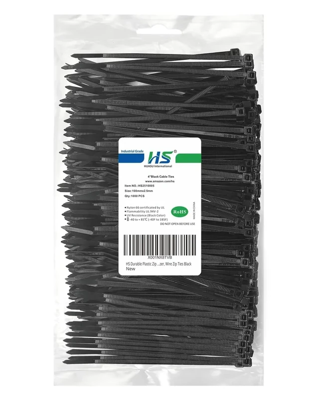 HS 4-Inch Zip Ties 1000-Pack Bulk - Nylon, 18lb Tensile, UV Black