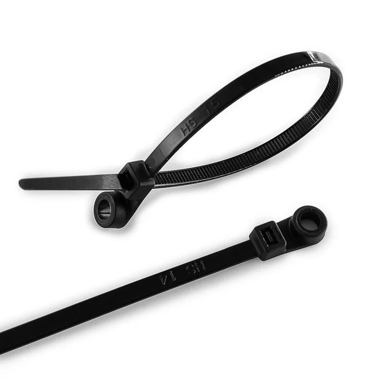 HS 7.5in UV Black Plastic Cable Ties with Screw Holes - 50lb, 100 Pack