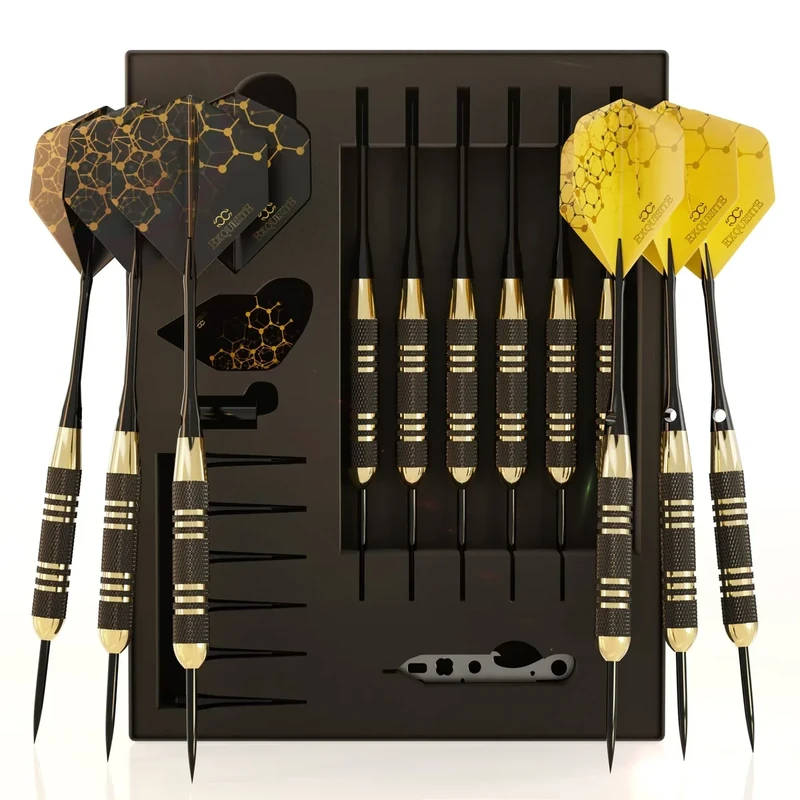 CC-Exquisite Premium Steel Tip Darts Set - Professional Darts, Brass Barrels, Metal Tip Darts, Extra Flights, (12) Aluminum Shafts 35/48, O-Rings, Dart Tool, Dart Sharpener, Darts Case