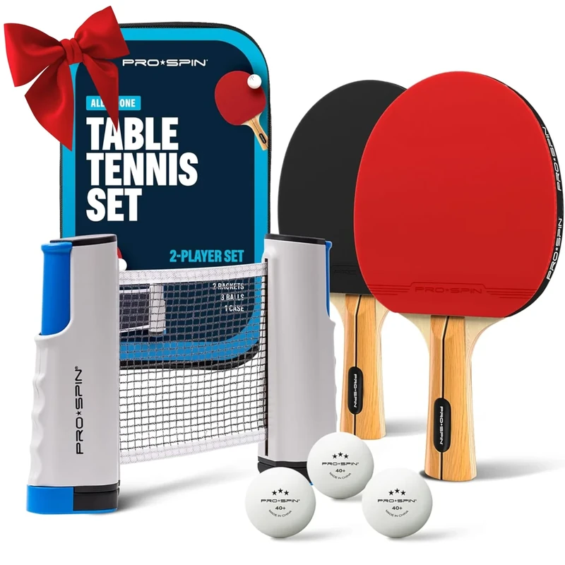 PRO-SPIN Portable Ping Pong Set with Retractable Ping Pong Net for Any Table, All-in-One Table Tennis Set with Ping Pong Paddles, Balls & Case, Table Top Family Game (2-Player Set | Active Red)