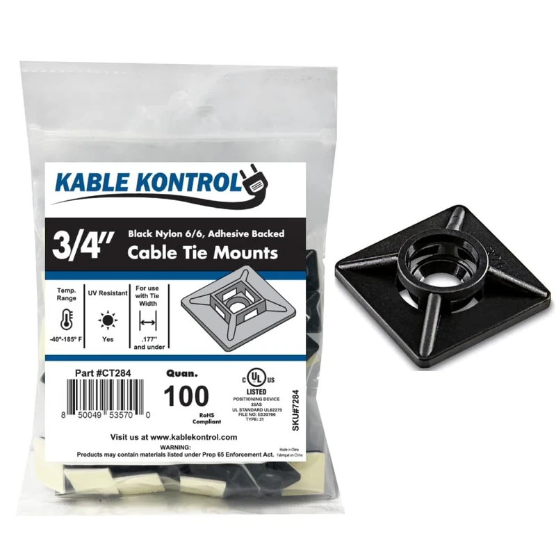 KABLE KONTROL Zip Tie Mounts 3/4" - 100 UV-Resistant Black Pads