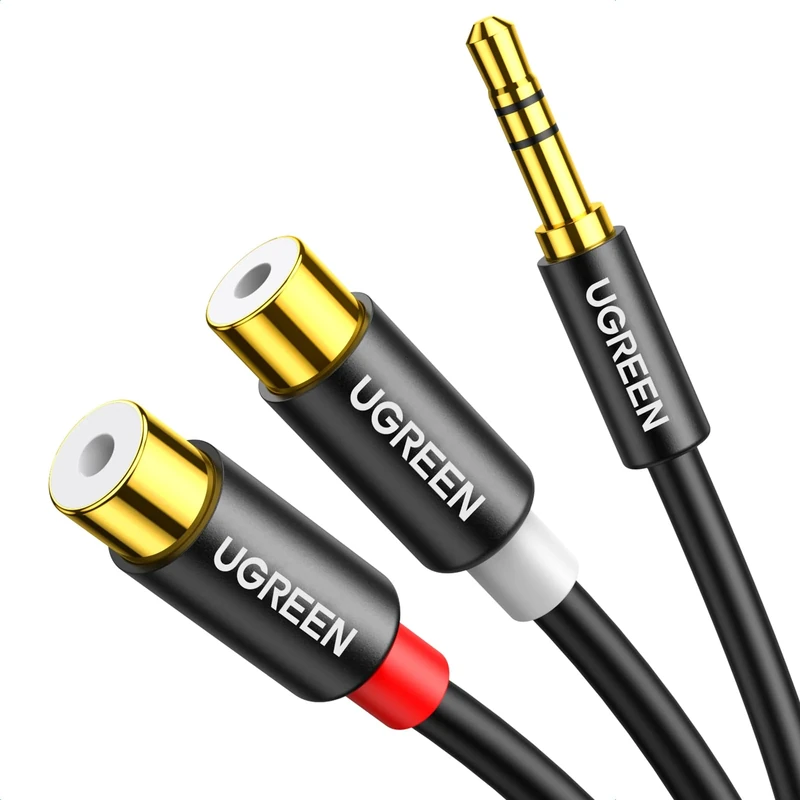 UGREEN RCA to Aux Cable 3.5mm Male to 2RCA Female Adapter Hi-Fi Sound Auxiliary Stereo Audio Cord Gold Plated Y Splitter 1/8 to RCA Connector for iPhone MP3 Tablet Computer Speaker, 0.8FT