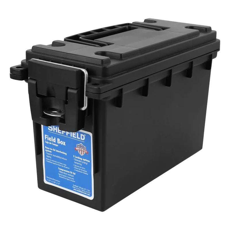 Sheffield 12629 Ammo Storage Box, Stackable .30 Cal Field Boxes, Water and Dust Resistant, Lockable Storage Box with Handle, Secures Hunting Gear, Supplies, and Bullets, Made in USA, Black, 1-Pack