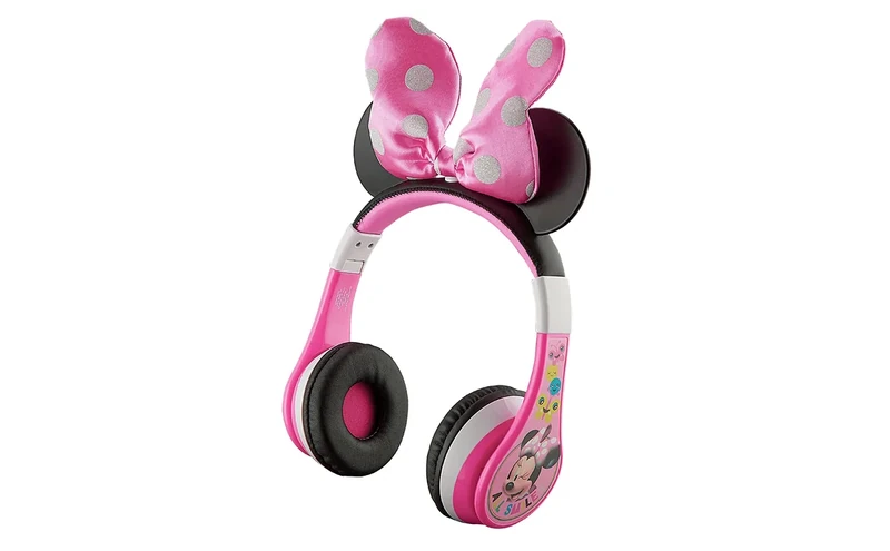eKids Minnie Mouse Kids Bluetooth Headphones, Wireless with Microphone Includes Aux Cord, Volume Reduced Foldable Headphones for School, Home, or Travel, Pink