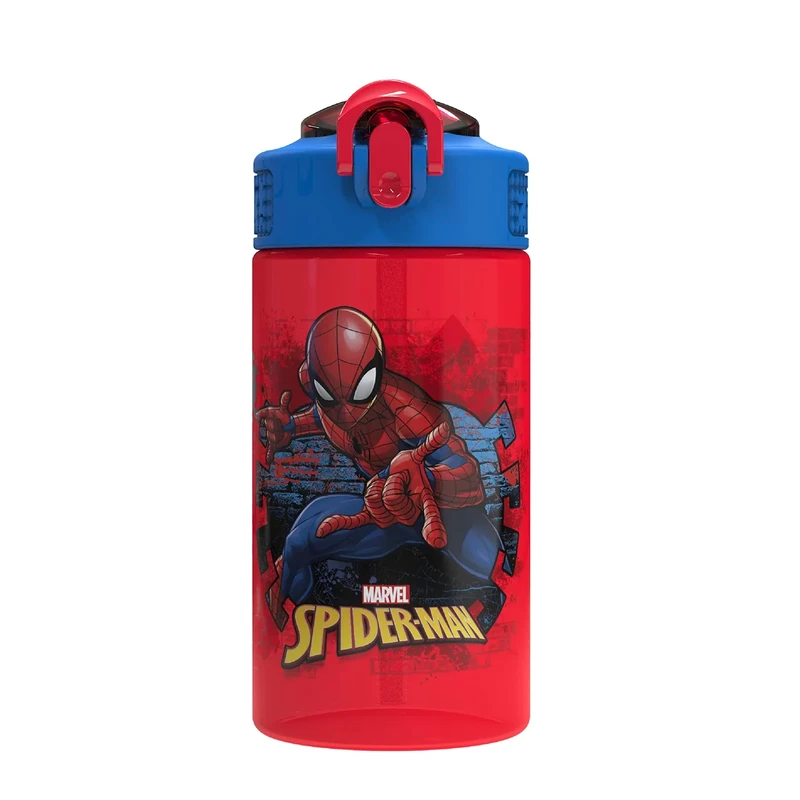 Zak Designs Marvel SpiderMan Kids Spout Cover and Built-in Carrying Loop Made of Plastic, Leak-Proof Water Bottle Design (16 oz, BPA-Free)