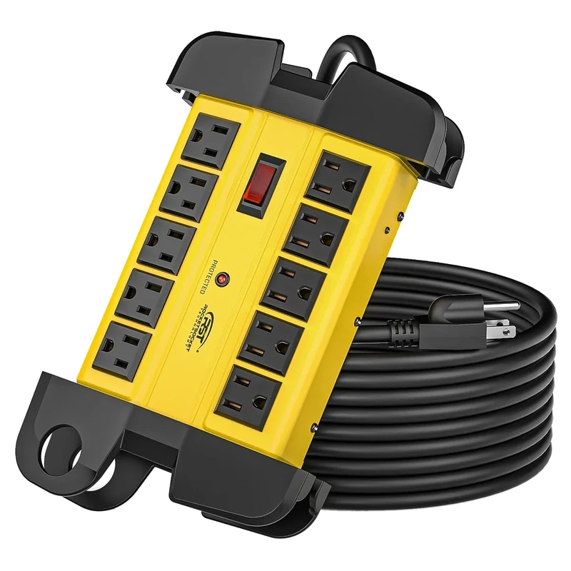 CRST 10-Outlet Metal Surge Protector - 15A 2800J 15ft Cord Yellow