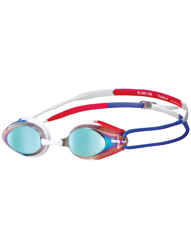 ARENA Tracks Unisex Junior Youth Essential Racing Swim Goggles Kids Swimmers Young Racers 6-12 Anti-Fog Coated Mirror Lens, Gold/Blue/Red
