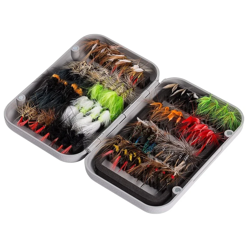 BASSDASH Fly Fishing Assorted Flies Kit, Pack of 64 pcs Including Dry and Wet Flies, Nymphs, Streamers, Terrestrials, Leeches and More, with Magnetic Fly Box