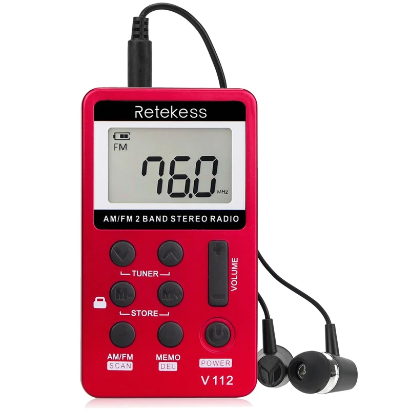 Retekess V112 AM/FM Pocket Radio - Digital Tuning, Battery, Red