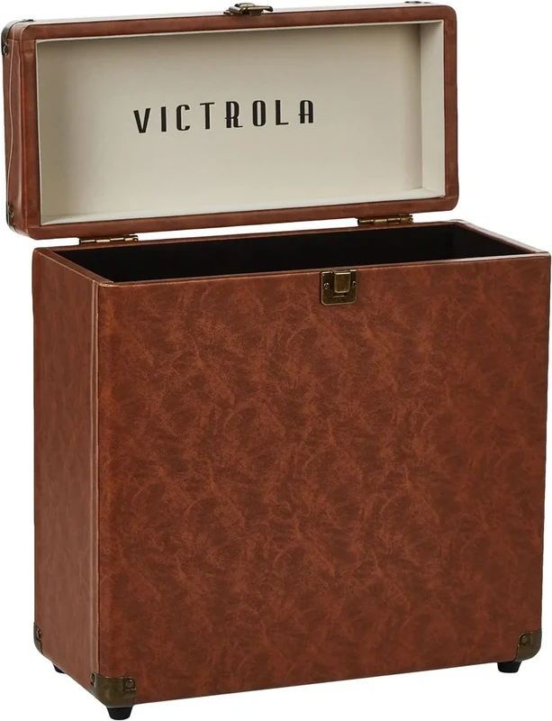 Victrola Collector – Record Storage Case – Holds 30+ Vinyl Turntable Records, Heavy-Duty Hardware, Hinges, & Smart Metal Corners, Portable with Easy-Carry Handle (Brown)