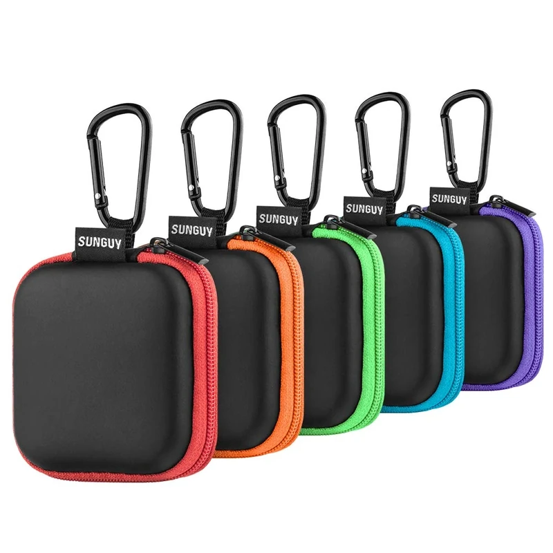 SUNGUY [5-Pack Earbud Case, Portable EVA Small Earbuds Carrying Case Storage Bag Organizer with Carabiners for Earphones, Earbuds, Earpieces, SD Memory Card, Camera Chips