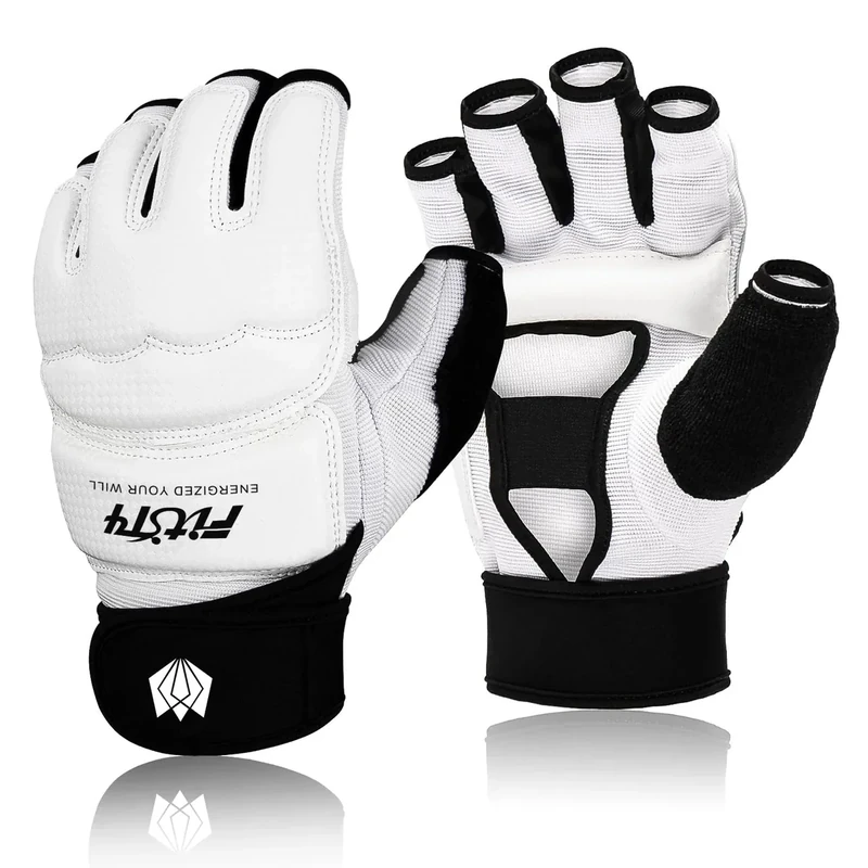 FitsT4 Sports Half Mitts MMA UFC Training Boxing Punch Bag Kickboxing Sparring Grappling Martial Arts Muay Thai Taekwondo Wrist Wraps Support Gloves for Women Men Kids White L