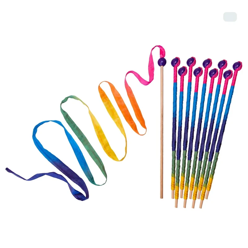 Sarah's Silks Rainbow Streamer - 8 Foot Long Ribbon Wand for Kids Dance, Baton Stick Twirling and Rhythmic Gymnastics | Bright Colored 100% Silk Ribbon and Wooden Birch Handle, Party Pack (10 Pieces)