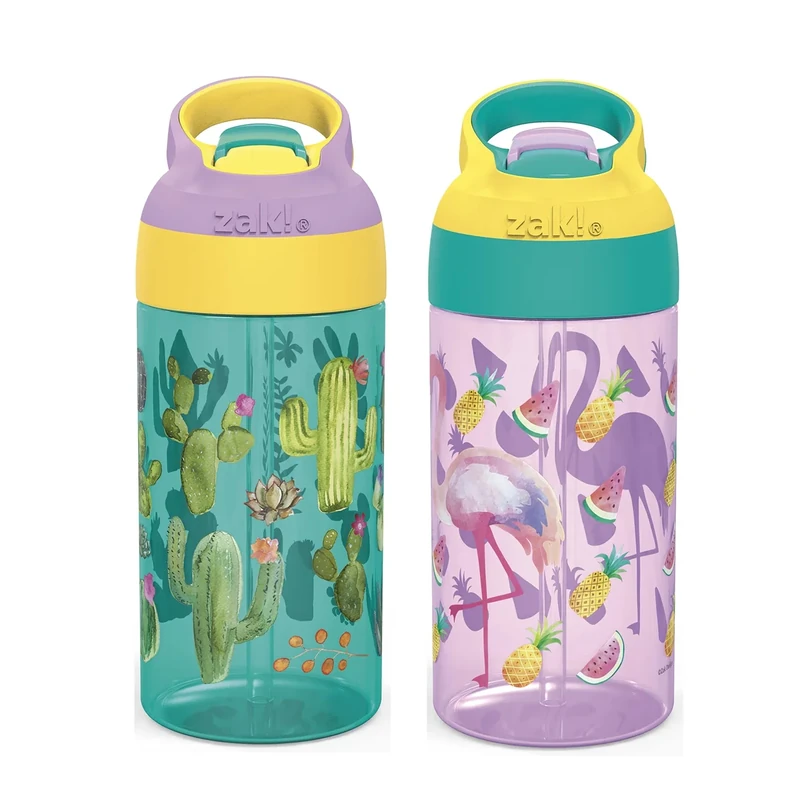 Zak Designs 16oz Riverside Desert Life Kids Water Bottle with Straw and Built in Carrying Loop Made of Durable Plastic, Leak-Proof Design for Travel, 2PK Set