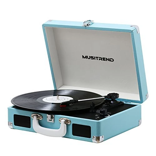 Musitrend Record Player Vinyl Turntable with Speakers, 3 Speed Suitcase Record Player Support Vinyl-to-MP3 Recording, Headphone Jack, Aux Input/RCA line Out