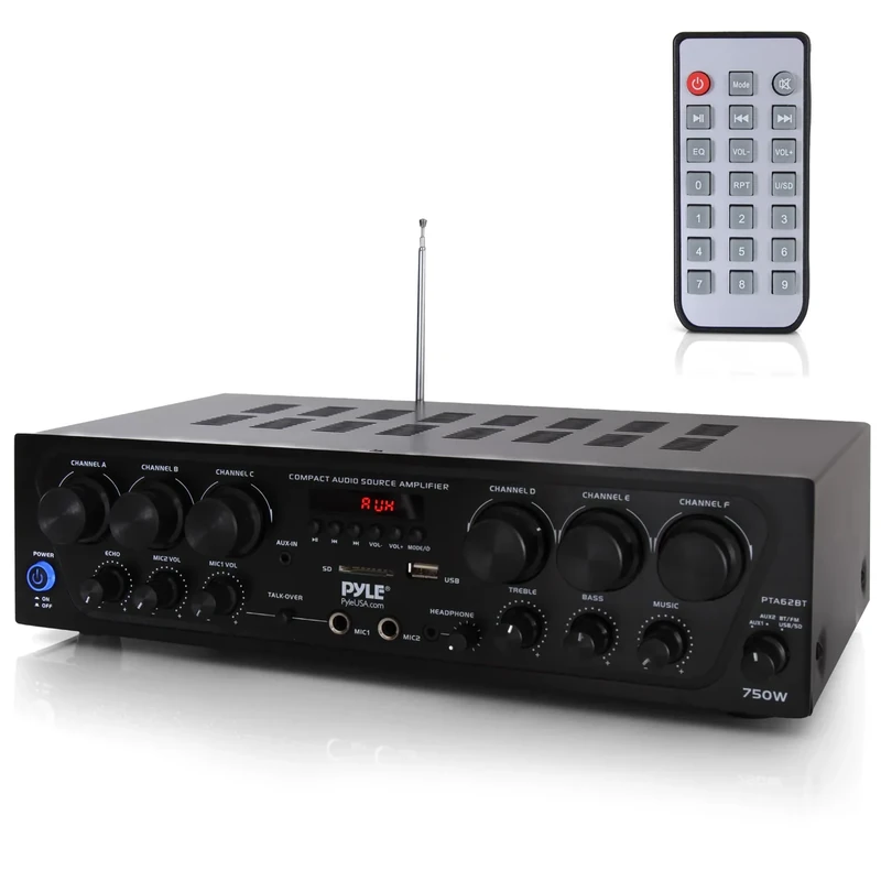 Pyle Wireless Bluetooth Home Audio Amplifier System-Upgraded 6 Channel 750 Watt Sound Power Stereo Receiver w/USB, Micro SD, Headphone,2 Microphone Input w/Echo, Talkover for PA - PTA62BT.5