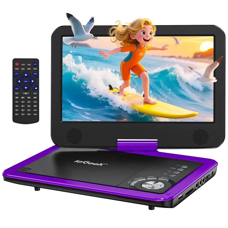 ieGeek Portable DVD Player 12.5", with 10.5" HD Swivel Screen, Car Travel DVD Players 5 Hrs Rechargeable Battery, Region-Free Video Player for Kids Elderly, Remote Control, Sync TV, USB&SD, Purple