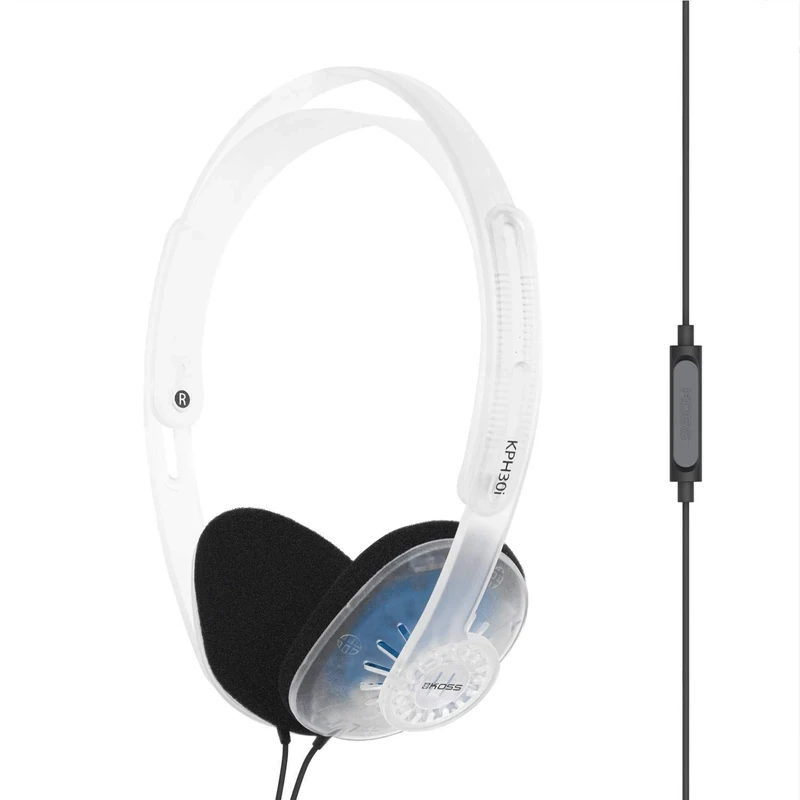 Koss KPH30iCL On-Ear Headphones, in-Line Microphone and Touch Remote Control, D-Profile Design, Wired with 3.5mm Plug (Clear)