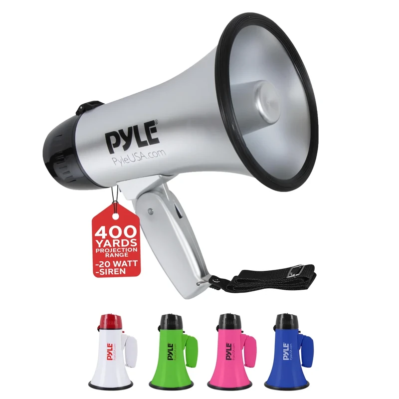 PYLE-PRO Portable Megaphone Speaker Siren Bullhorn - Compact and Battery Operated with 20 Watt Power, Microphone, 2 Modes, PA Sound and Foldable Handle for Cheerleading & Police Use-PMP23SL (Silver)
