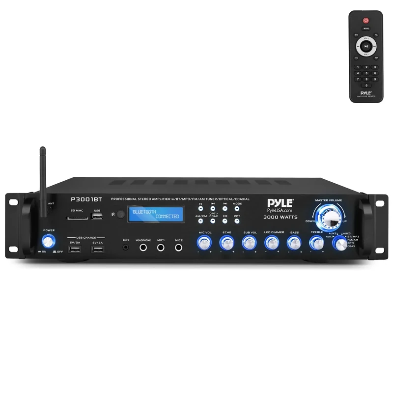 Pyle 3000W Multi-Channel Bluetooth Wireless Power Amplifier - Rack Mount - Stereo Receiver w/ FM Radio - USB/SD - Dual Mic w/ Echo - RCA - Headphone - LED Display - Cooling Fan - P3001BT