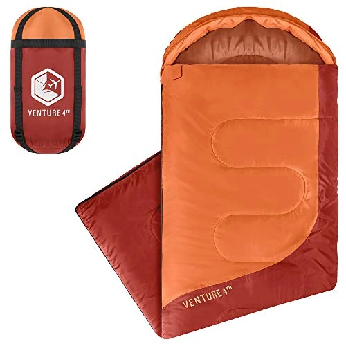 VENTURE 4TH Summer Sleeping Bag, Single, Regular Size - Lightweight, Comfortable, Water Resistant Backpacking Sleeping Bag for Adults & Kids - Ideal for Hiking, Camping & Outdoor – Orange/Red