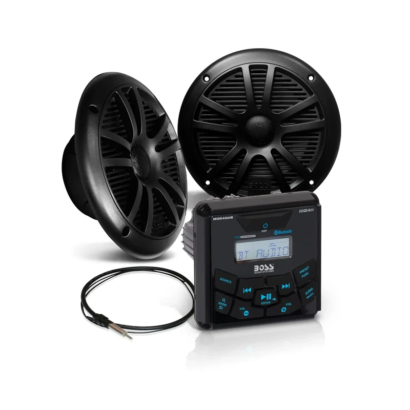 BOSS Audio Systems MCKGB450B.6 6.5 Inch Speakers & Marine Boat Gauge Stereo - Bluetooth Head Unit, No CD DVD Player, AM/FM Radio Receiver, NOAA Weather Band, IPX6 Weatherproof, USB