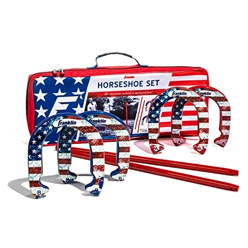 Franklin Sports Horseshoes Set – 4 Official Size & Weight Horseshoes, 2 Steel Stakes, Reusable Box, Carry Bag - American, Starter, Family & Professional Sets