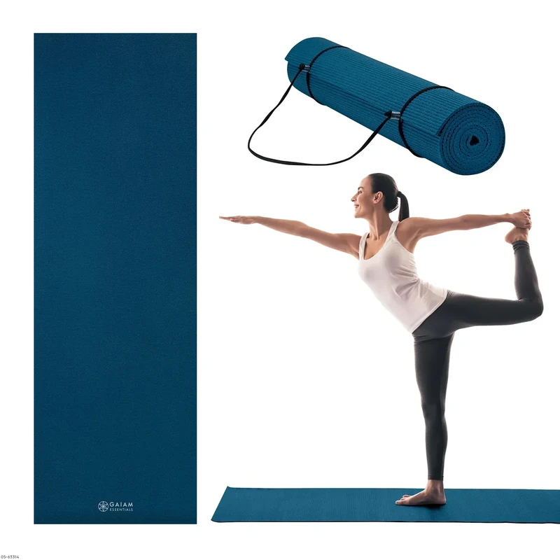 Gaiam Essentials 1/4" Thin (6mm) Yoga & Pilates, Fitness & Exercise Mat with Easy-Cinch Carrier Strap Cusion Support For Fitness and Gym Workouts